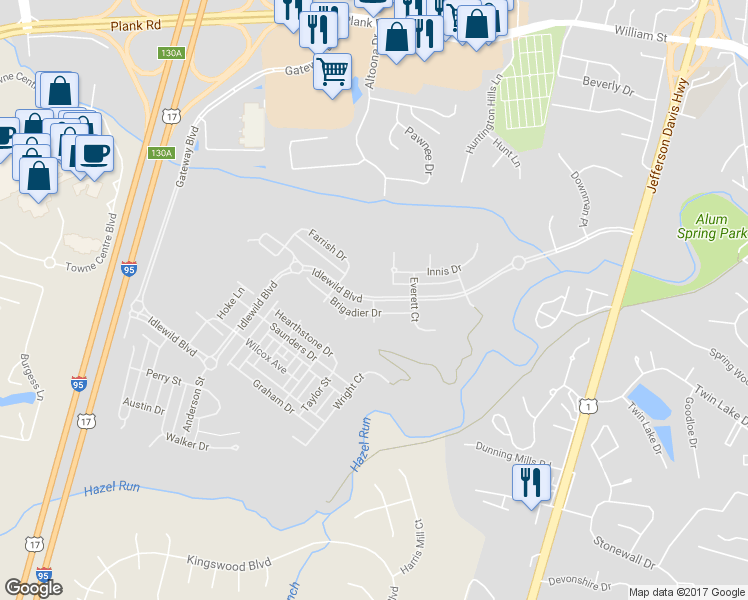map of restaurants, bars, coffee shops, grocery stores, and more near 1598 Idlewild Boulevard in Fredericksburg