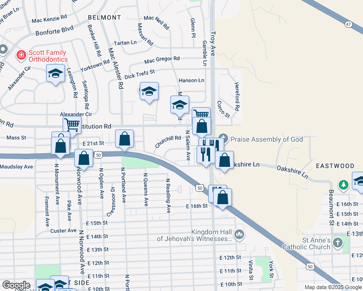 map of restaurants, bars, coffee shops, grocery stores, and more near 2105 North Salem Avenue in Pueblo
