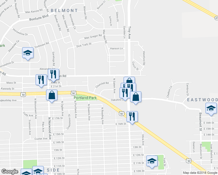 map of restaurants, bars, coffee shops, grocery stores, and more near 35 Churchill Road in Pueblo