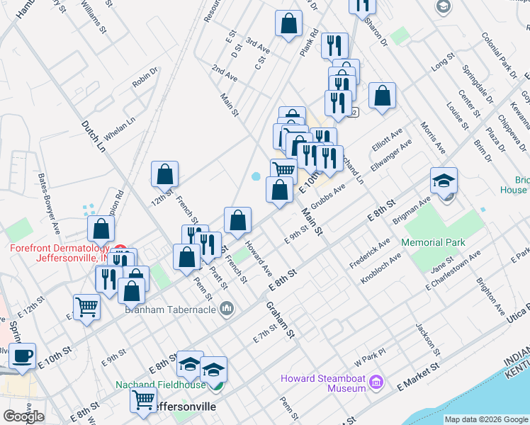 map of restaurants, bars, coffee shops, grocery stores, and more near in Jeffersonville