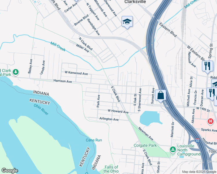 map of restaurants, bars, coffee shops, grocery stores, and more near Clark Blvd in Clarksville