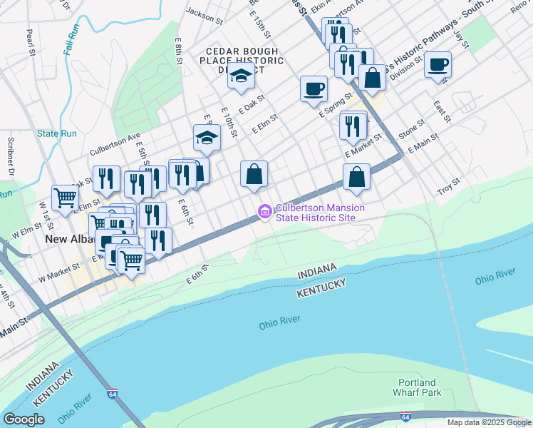 map of restaurants, bars, coffee shops, grocery stores, and more near 1015 East Main Street in New Albany