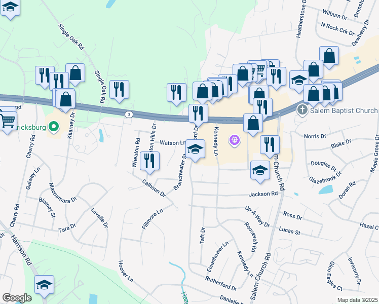 map of restaurants, bars, coffee shops, grocery stores, and more near 12015 Branchwater Street in Fredericksburg