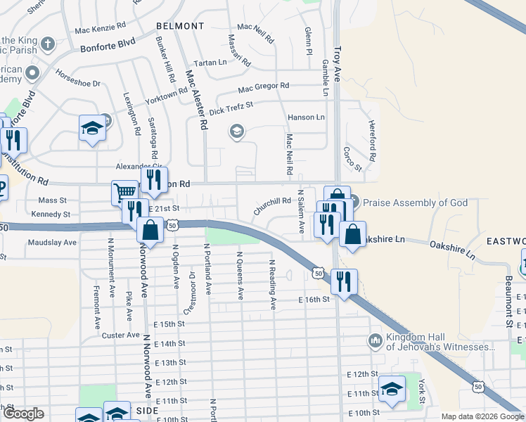 map of restaurants, bars, coffee shops, grocery stores, and more near 17 Churchill Place in Pueblo