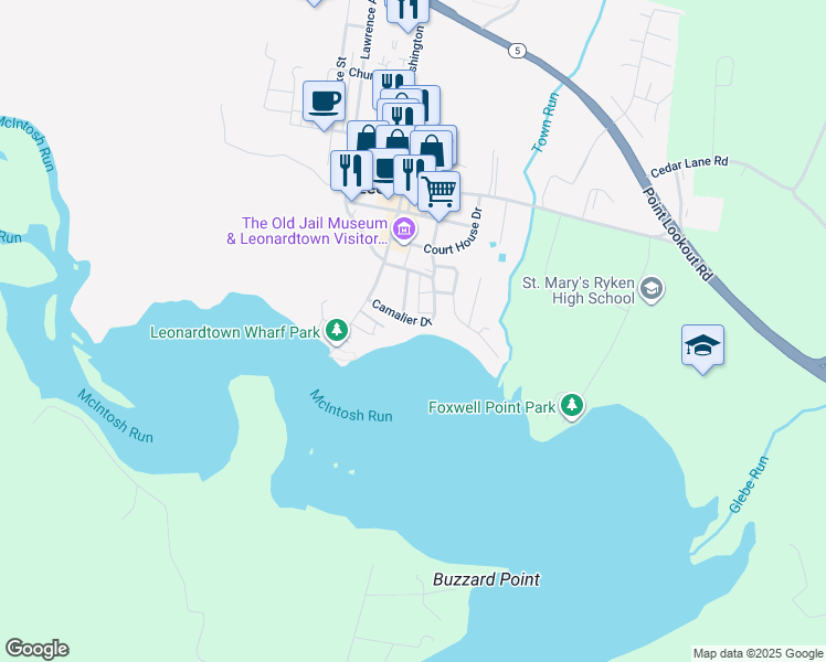 map of restaurants, bars, coffee shops, grocery stores, and more near 41645 Camalier Drive in Leonardtown