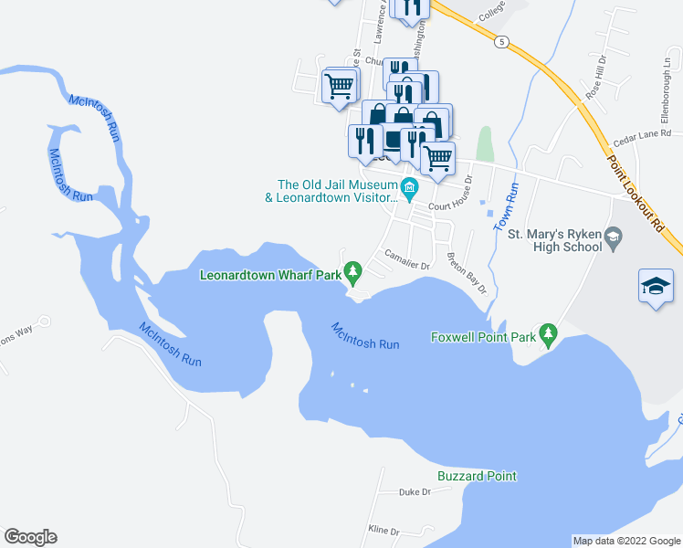 map of restaurants, bars, coffee shops, grocery stores, and more near 22520 Landing Way in Leonardtown