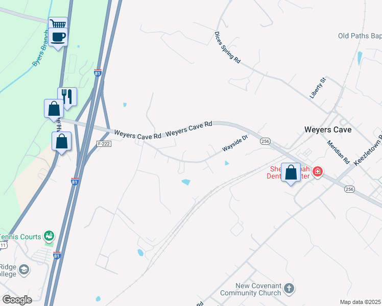 map of restaurants, bars, coffee shops, grocery stores, and more near 15 Misty Lane in Weyers Cave