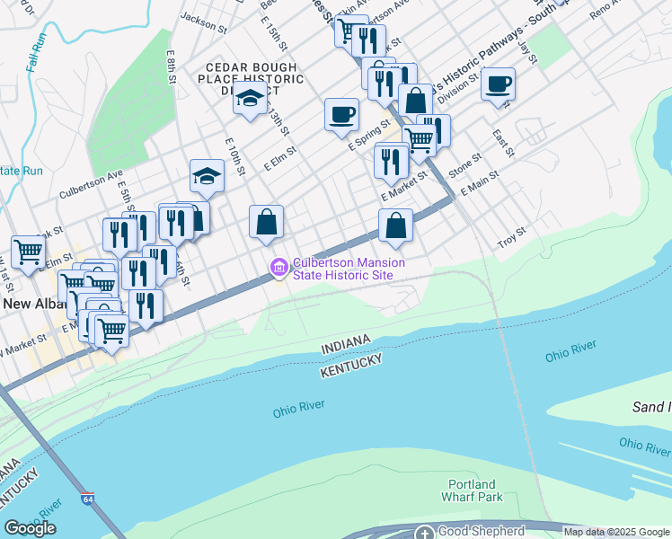 map of restaurants, bars, coffee shops, grocery stores, and more near 1213 East Main Street in New Albany