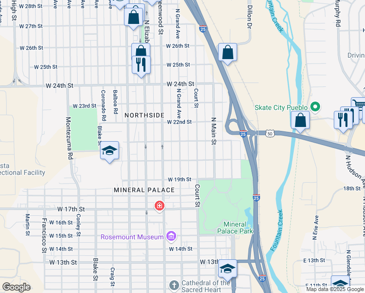 map of restaurants, bars, coffee shops, grocery stores, and more near in Pueblo