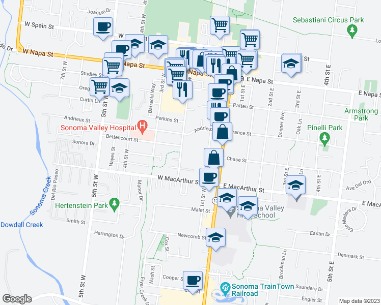 map of restaurants, bars, coffee shops, grocery stores, and more near 181 Andrieux Street in Sonoma