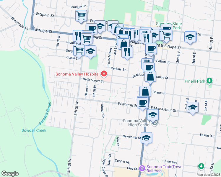 map of restaurants, bars, coffee shops, grocery stores, and more near 305 Bettencourt Street in Sonoma