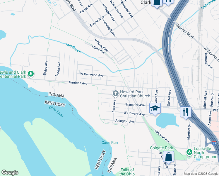 map of restaurants, bars, coffee shops, grocery stores, and more near 503 West Harrison Avenue in Clarksville