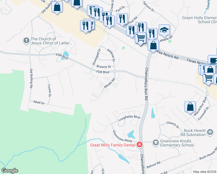 map of restaurants, bars, coffee shops, grocery stores, and more near 45583 Knockeyon Lane in Great Mills