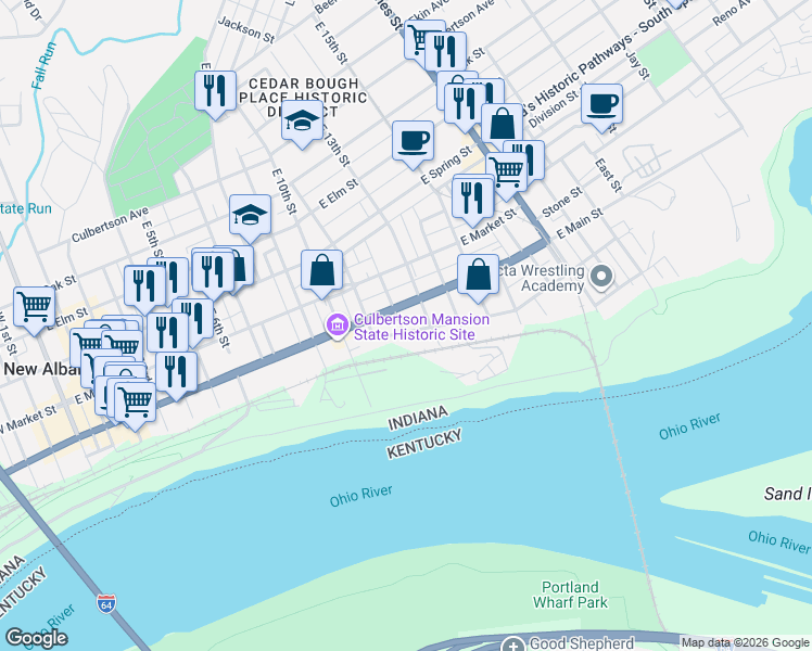 map of restaurants, bars, coffee shops, grocery stores, and more near 1201 Dewey Street in New Albany