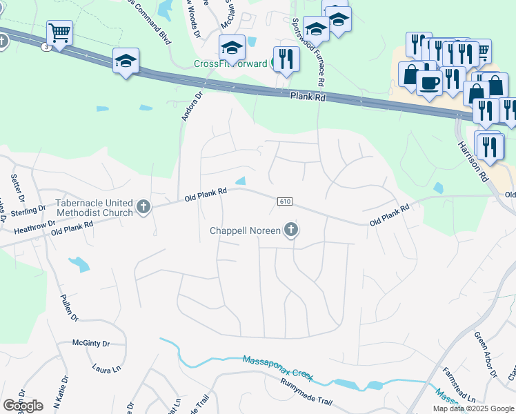 map of restaurants, bars, coffee shops, grocery stores, and more near 7034 Old Plank Road in Fredericksburg