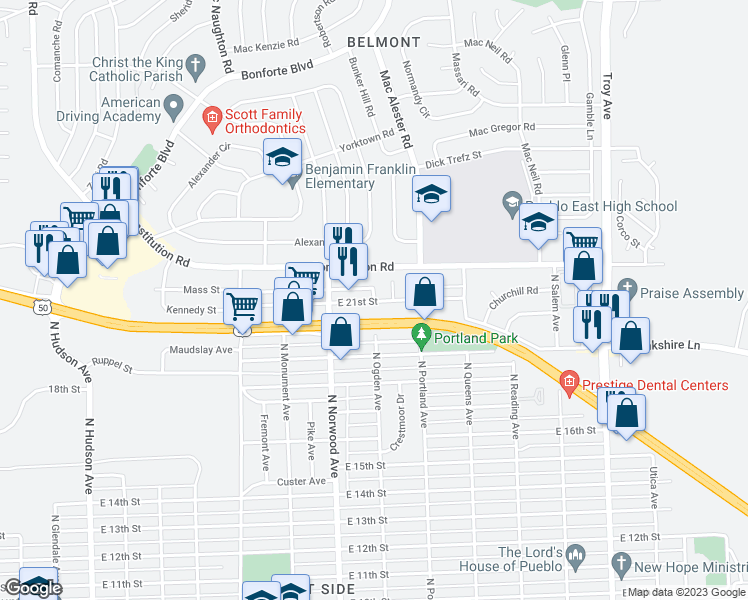 map of restaurants, bars, coffee shops, grocery stores, and more near 2104 North Ogden Avenue in Pueblo