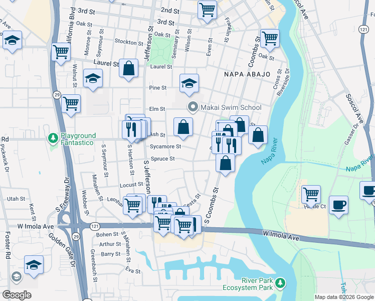 map of restaurants, bars, coffee shops, grocery stores, and more near 1430 Sycamore Street in Napa