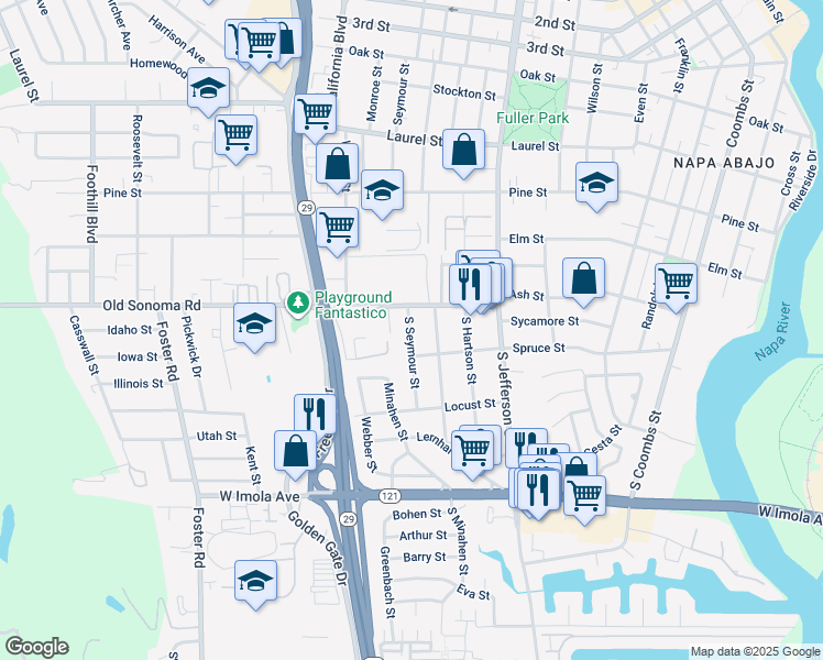 map of restaurants, bars, coffee shops, grocery stores, and more near 113 South Seymour Street in Napa