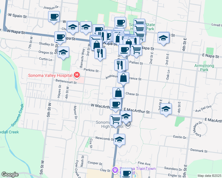 map of restaurants, bars, coffee shops, grocery stores, and more near 745 1st Street West in Sonoma