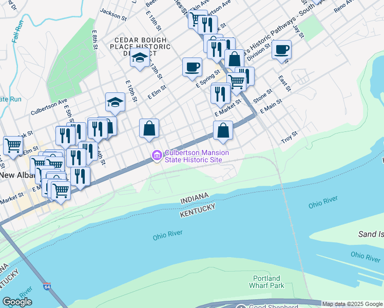 map of restaurants, bars, coffee shops, grocery stores, and more near 1213 East Main Street in New Albany