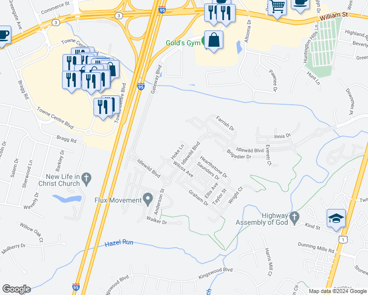 map of restaurants, bars, coffee shops, grocery stores, and more near 1002 Hoke Lane in Fredericksburg
