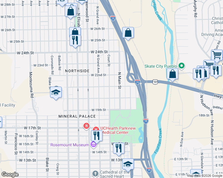map of restaurants, bars, coffee shops, grocery stores, and more near 2102 Court Street in Pueblo