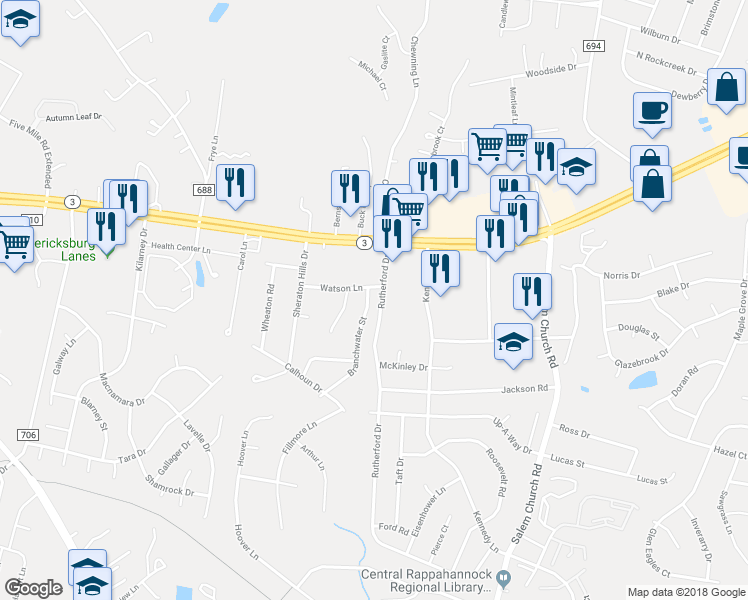 map of restaurants, bars, coffee shops, grocery stores, and more near 12017 Branchwater Street in Fredericksburg
