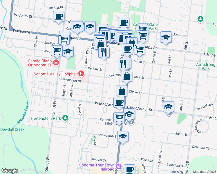 map of restaurants, bars, coffee shops, grocery stores, and more near 736 2nd Street West in Sonoma