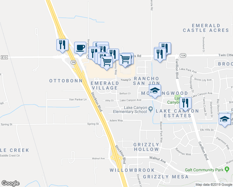 map of restaurants, bars, coffee shops, grocery stores, and more near Fermoy Way & Belfast Court in Galt