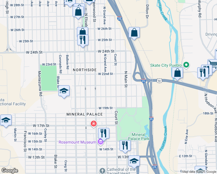 map of restaurants, bars, coffee shops, grocery stores, and more near 318 West 21st Street in Pueblo