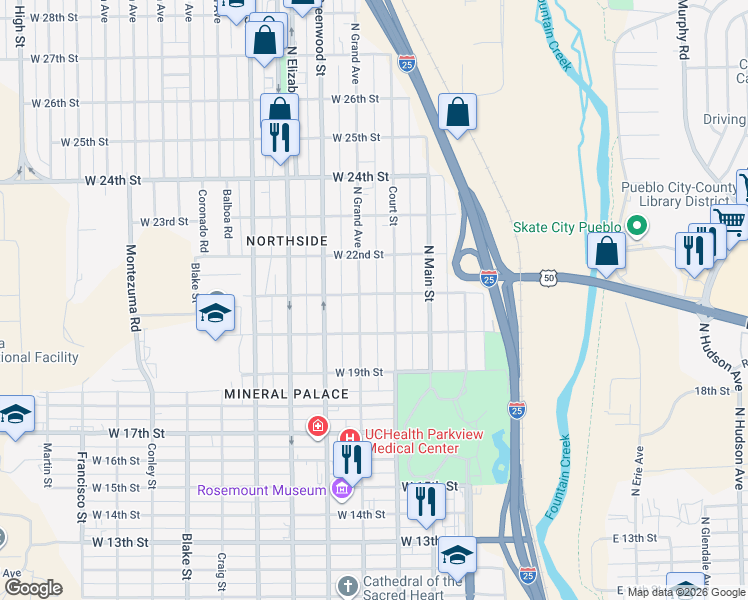 map of restaurants, bars, coffee shops, grocery stores, and more near in Pueblo