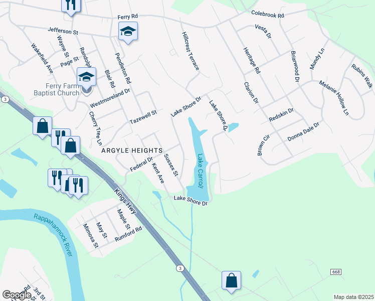 map of restaurants, bars, coffee shops, grocery stores, and more near 123 Lakeshore Drive in Fredericksburg