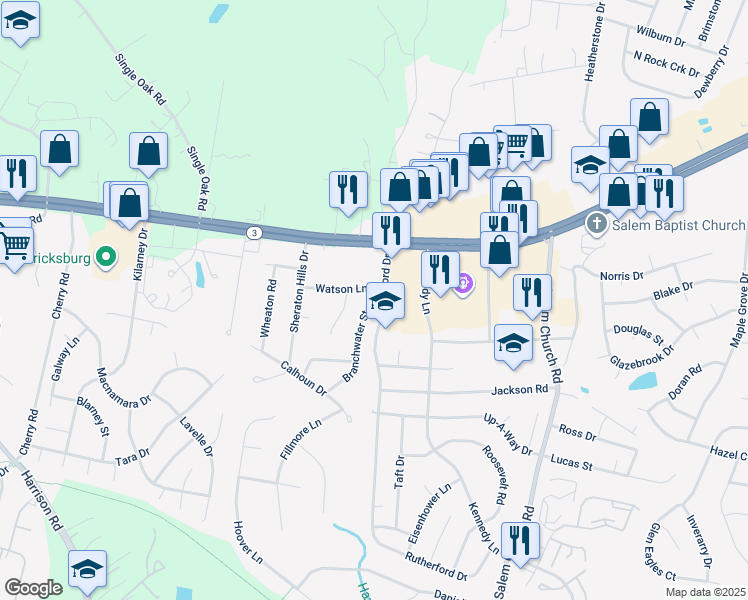 map of restaurants, bars, coffee shops, grocery stores, and more near 12017 Branchwater Street in Fredericksburg