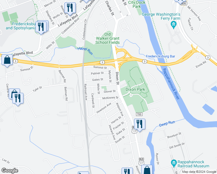 map of restaurants, bars, coffee shops, grocery stores, and more near 306 Tyler Street in Fredericksburg