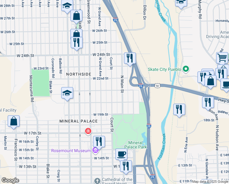 map of restaurants, bars, coffee shops, grocery stores, and more near 2102 Court Street in Pueblo