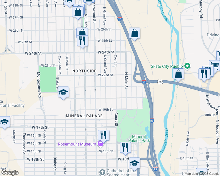map of restaurants, bars, coffee shops, grocery stores, and more near in Pueblo