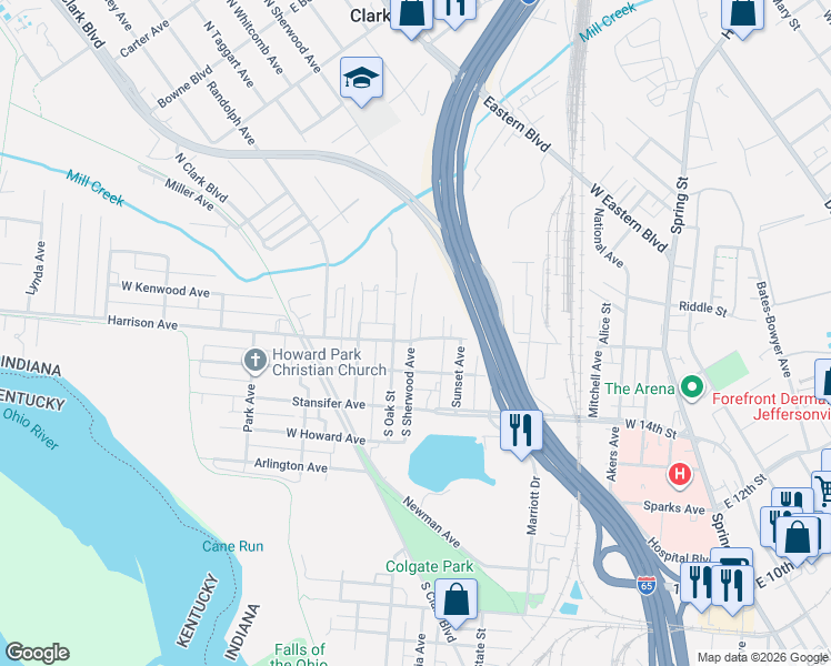 map of restaurants, bars, coffee shops, grocery stores, and more near 132 North Oak Street in Clarksville