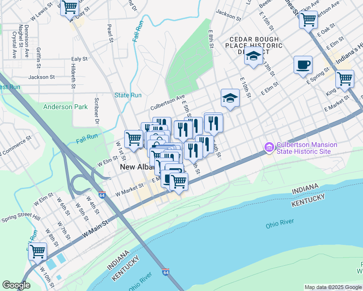 map of restaurants, bars, coffee shops, grocery stores, and more near 306 East Elm Street in New Albany