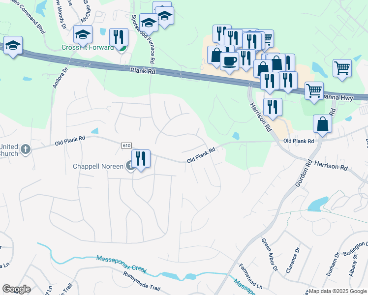 map of restaurants, bars, coffee shops, grocery stores, and more near 7111 Crown Jewels Court in Fredericksburg