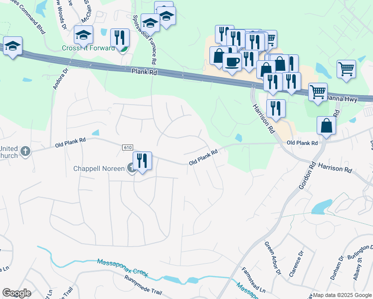 map of restaurants, bars, coffee shops, grocery stores, and more near 7111 Crown Jewels Court in Fredericksburg