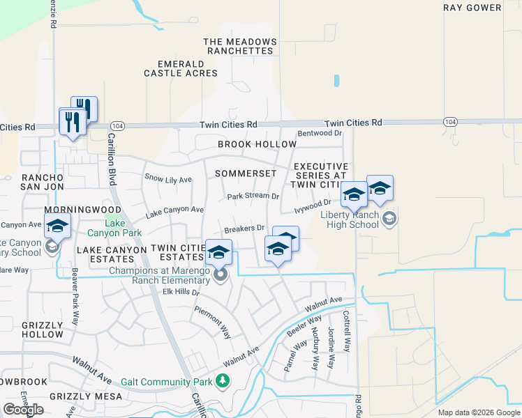 map of restaurants, bars, coffee shops, grocery stores, and more near 1124 Park Terrace Drive in Galt