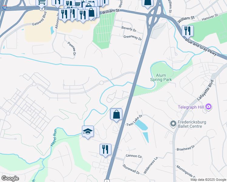 map of restaurants, bars, coffee shops, grocery stores, and more near 203 Kings Mill Court in Fredericksburg