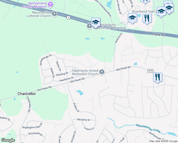 map of restaurants, bars, coffee shops, grocery stores, and more near 11915 Teeside Drive in Fredericksburg