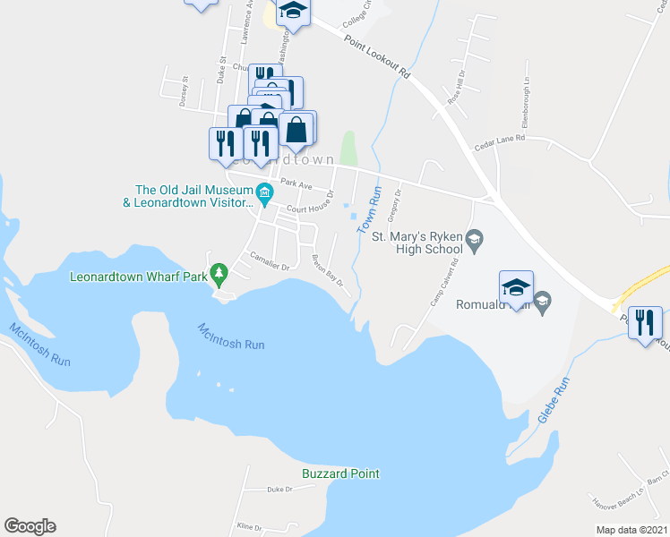 map of restaurants, bars, coffee shops, grocery stores, and more near 22520 Breton Bay Drive in Leonardtown