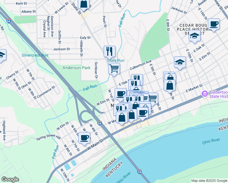 map of restaurants, bars, coffee shops, grocery stores, and more near 101-199 West Oak Street in New Albany