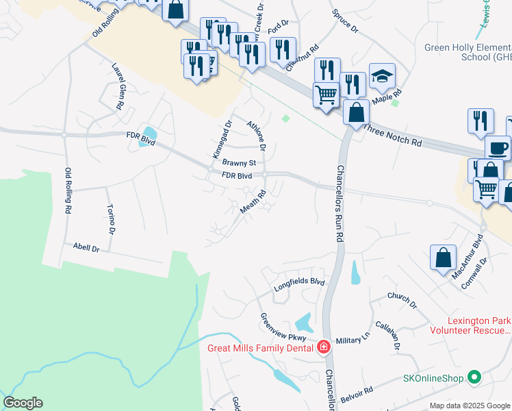 map of restaurants, bars, coffee shops, grocery stores, and more near 45565 Morgallion Way in Great Mills