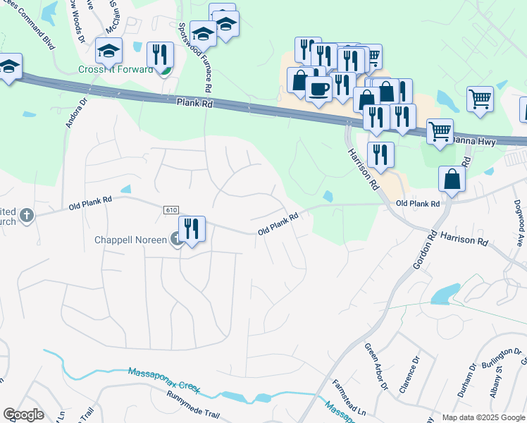 map of restaurants, bars, coffee shops, grocery stores, and more near 7107 Crown Jewels Court in Fredericksburg