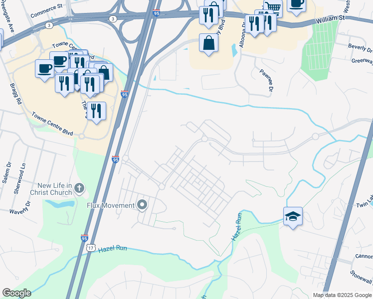map of restaurants, bars, coffee shops, grocery stores, and more near 1601 Gayle Terrace in Fredericksburg