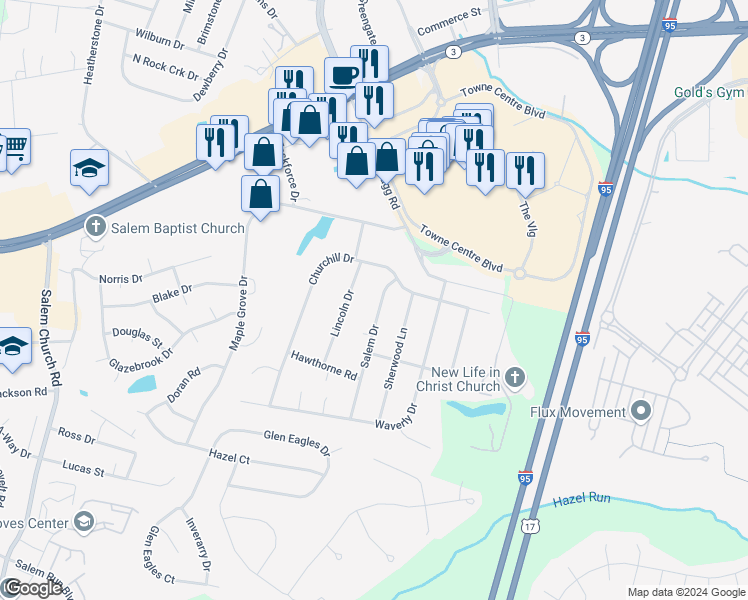 map of restaurants, bars, coffee shops, grocery stores, and more near 836 Salem Drive in Fredericksburg