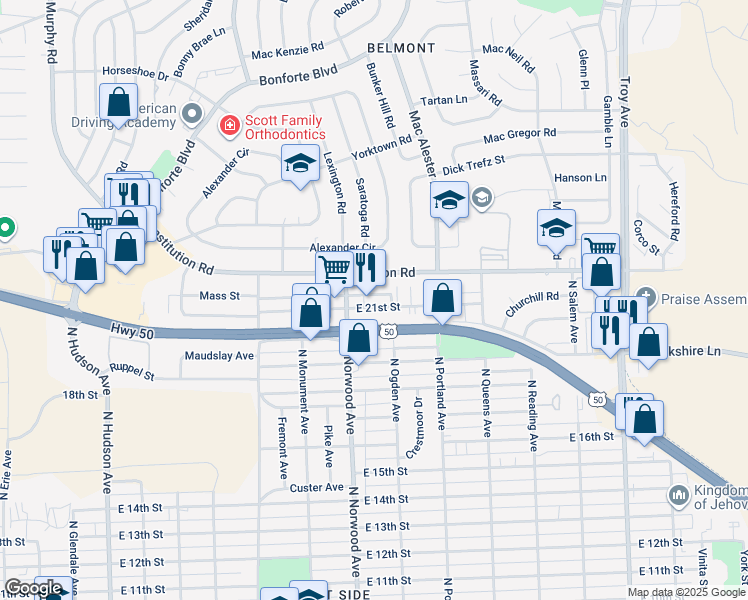 map of restaurants, bars, coffee shops, grocery stores, and more near 1413 Anita Street in Pueblo